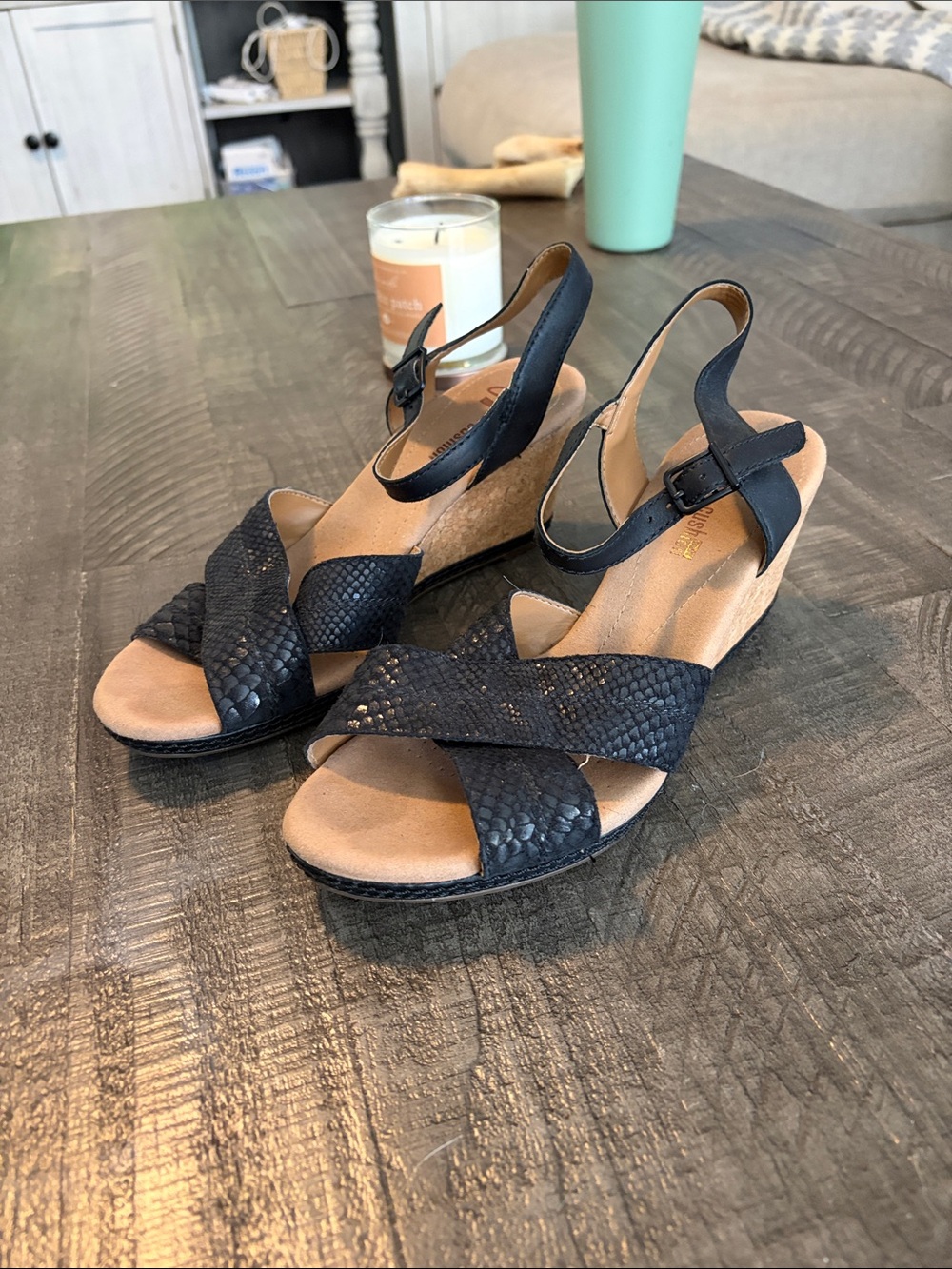 Clarks Black Snake-Embossed Wedge Sandals with Cross Straps
